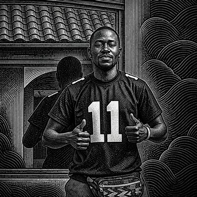 a black and white drawing of a man holding a soccer ball