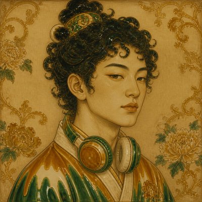 head-and-shoulders portrait of an original character: a young man with curly dark hair and headphones around his neck, plain backdrop, no text