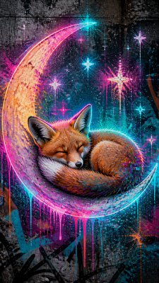 a sleeping baby fox curled on a crescent moon among soft stars, gentle and warm, no text