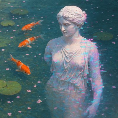 A koi pond seen from above, orange and white koi fish swimming among lily pads, clear water with subtle ripples, fallen cherry blossom petals floating on the surface, dappled sunlight