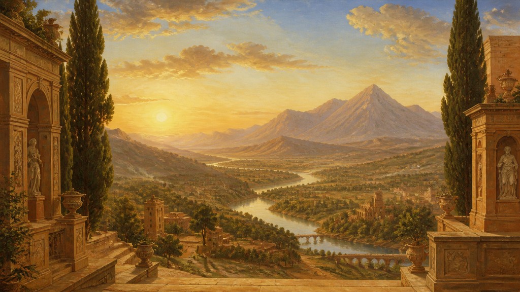 a vast valley with a river winding toward distant mountains at sunrise, no people, no text