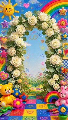 an arch of white roses and eucalyptus in soft morning light, elegant vertical composition with open space, no text
