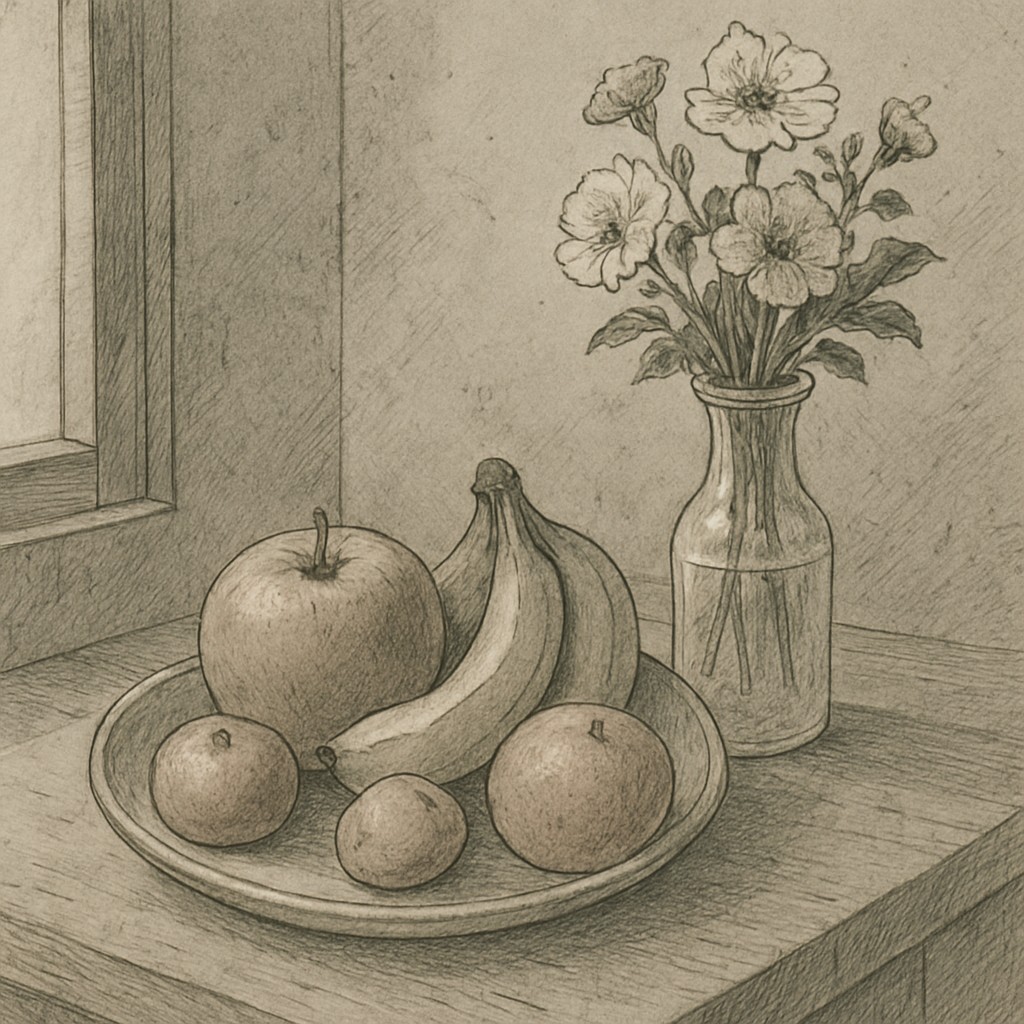 still life arrangement of fruits and flowers