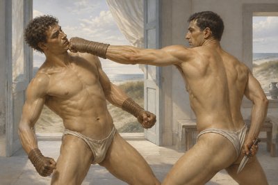 a painting of two men fighting each other