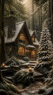 a snow-covered cottage with warm glowing windows beside a decorated pine tree, gentle snowfall, no text