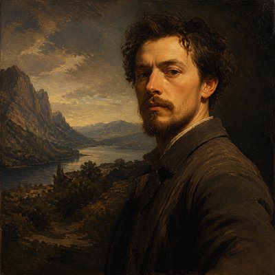 wide landscape with natural scenery — Self-Portrait Painting Style