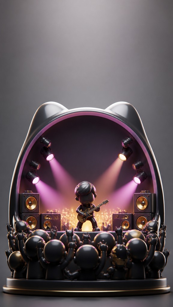 a live music scene with a glowing stage and silhouetted crowd, energetic vertical composition with open space at the top, no text