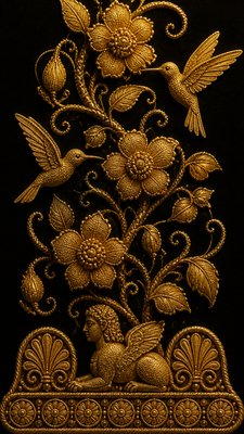 a climbing vine of flowers and hummingbirds on a dark background, tall wrapping composition, no text