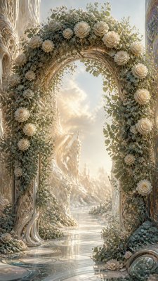 an arch of white roses and eucalyptus in soft morning light, elegant vertical composition with open space, no text