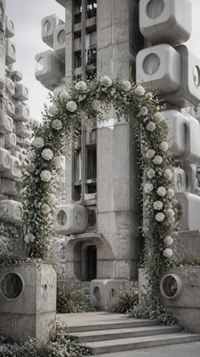 an arch of white roses and eucalyptus in soft morning light, elegant vertical composition with open space, no text
