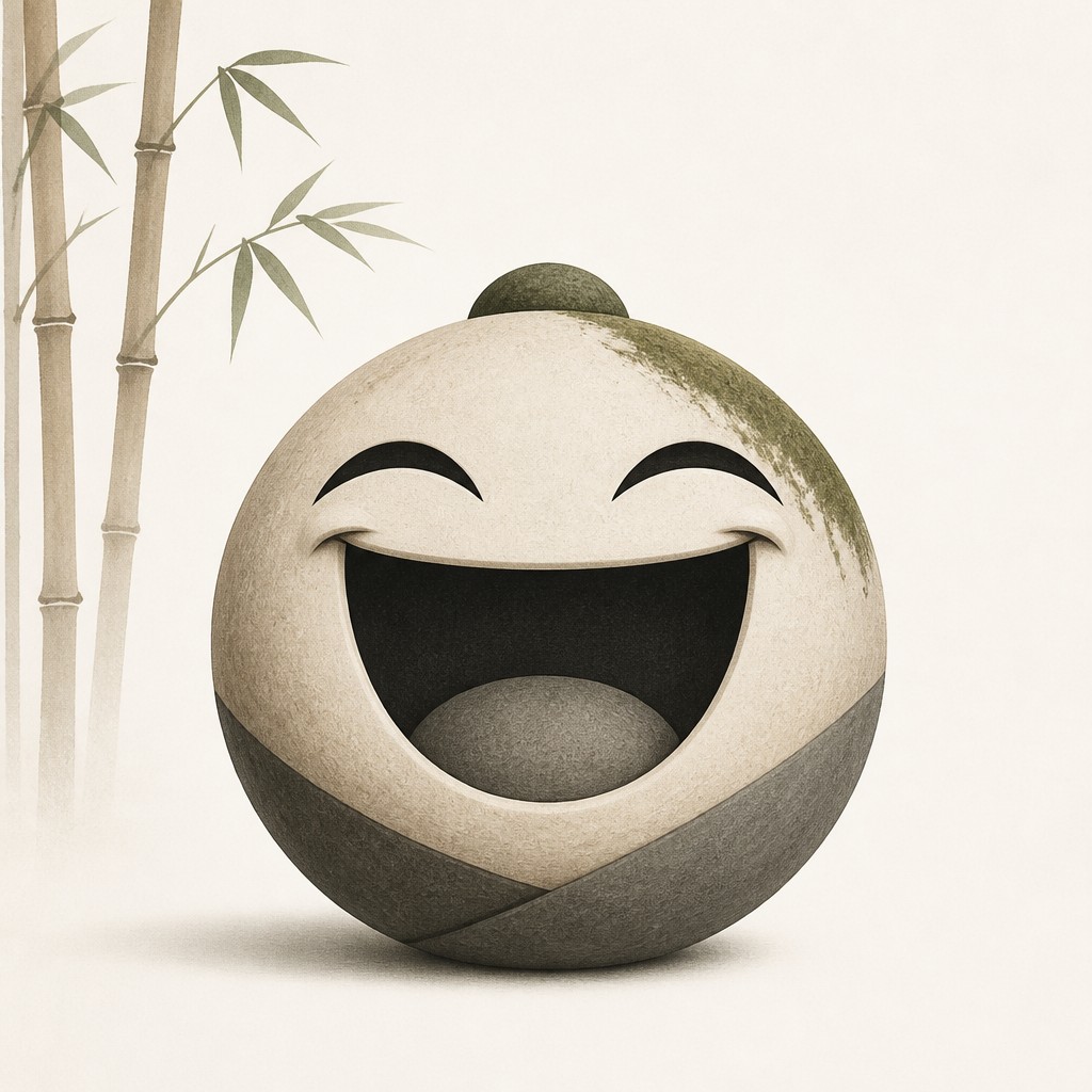 an exaggerated laughing face of an original round mascot character, bold and readable at small size, plain background, no text
