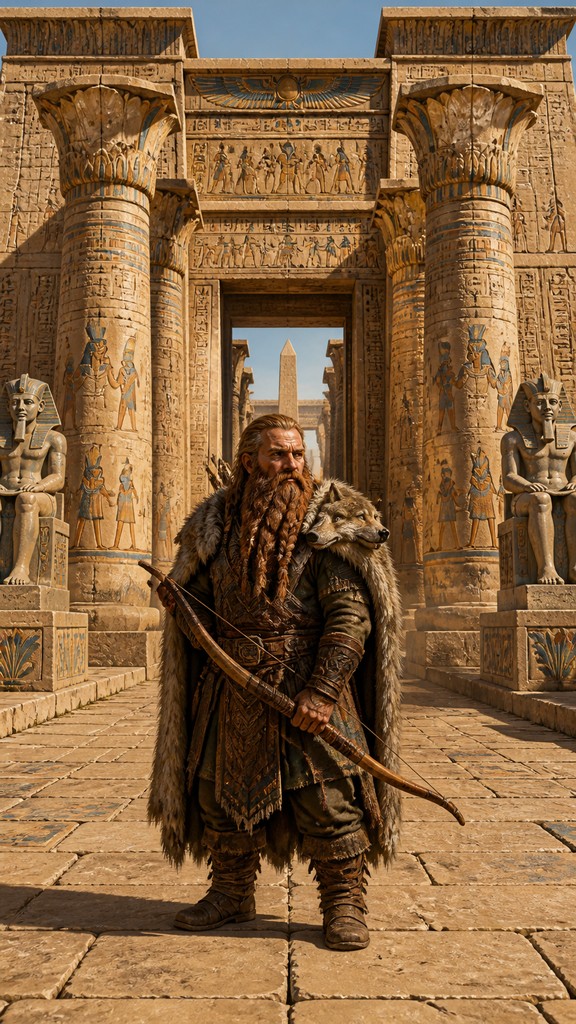 full-body original character: a dwarven ranger with a braided auburn beard, worn leather armor, a longbow and a wolf-pelt cloak, neutral background, no text