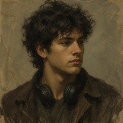 head-and-shoulders portrait of an original character: a young man with curly dark hair and headphones around his neck, plain backdrop, no text
