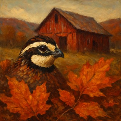 Oil Painting Art Style, a detailed male Northern Bobwhite Quail, its distinctive head markings and feather patterns clearly rendered with rich brushwork, peeking from behind a cluster of vivid, textured fall leaves on the ground. The quail's eyes are sharp and alert. Behind it, an old, weathered, rustic red barn is depicted with strong brushstrokes, showing its aged timber and flaking paint, under a slightly overcast, softly lit autumn sky. The setting is a quintessential Eastern farm in the mountains of Tennessee, with the surrounding hills hinted at in deep, autumnal tones. Focus on the tactile quality of the painted textures, the depth and richness of the autumn colors, and the enduring charm of the rural scene.