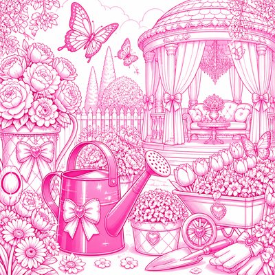 a garden scene with butterflies, flowers and a watering can, clean uncolored line art, no text