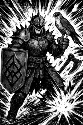 a black and white drawing of a knight holding a sword