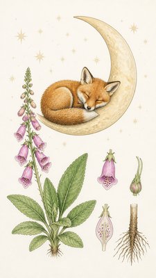 a sleeping baby fox curled on a crescent moon among soft stars, gentle and warm, no text