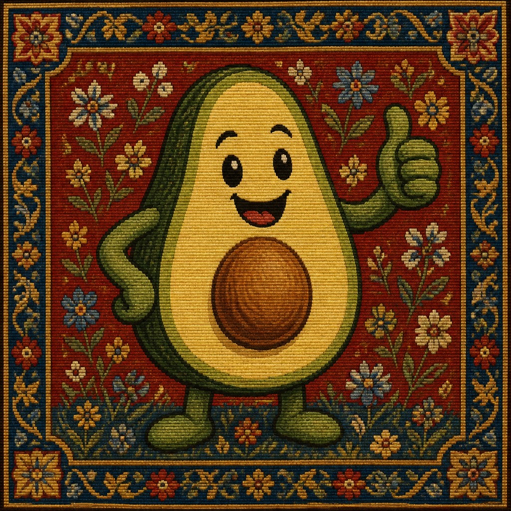 a happy avocado character giving a thumbs up, bold readable design on a plain background, no text