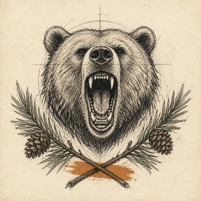 a roaring bear head above crossed pine branches, bold graphic composition on a plain background, no text