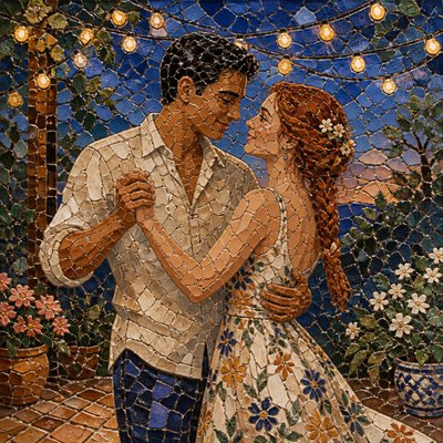 an original couple dancing under string lights in a garden at dusk: a man with short black hair in a linen shirt and a woman with braided red hair in a summer dress
