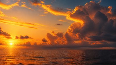 a panoramic ocean horizon with towering clouds at golden hour, no people