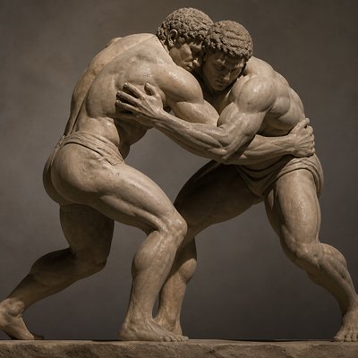 ancient greek athletes grab each other's torso