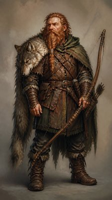 full-body original character: a dwarven ranger with a braided auburn beard, worn leather armor, a longbow and a wolf-pelt cloak, neutral background, no text
