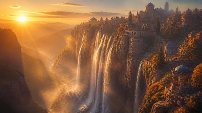 a cliffside city with waterfalls cascading into a misty canyon, wide establishing shot, no people, no text