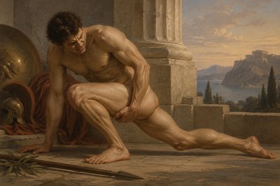 ancient greek ignudi warrior crouching in pain with his leg-streched backward