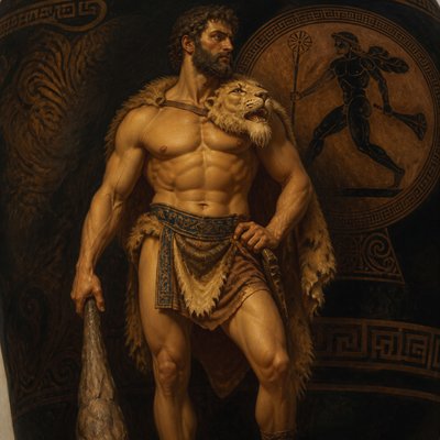muscular guy posing as Hercules for greek vase painter