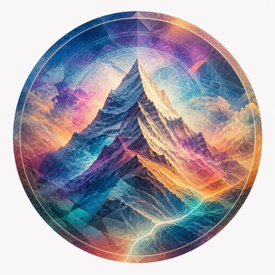 an emblem of a mountain peak inside a circle, simple bold shapes on a plain background, no text or lettering