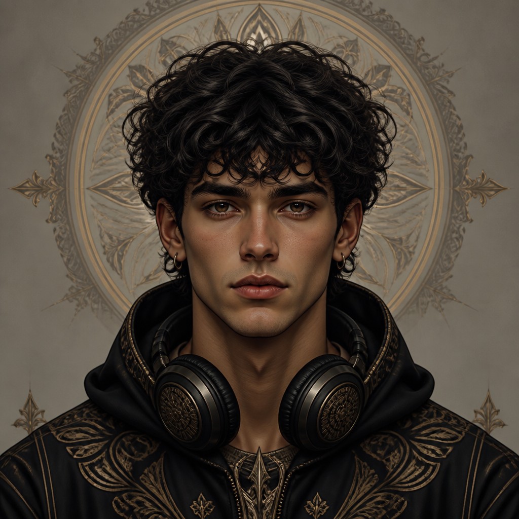 head-and-shoulders portrait of an original character: a young man with curly dark hair and headphones around his neck, plain backdrop, no text