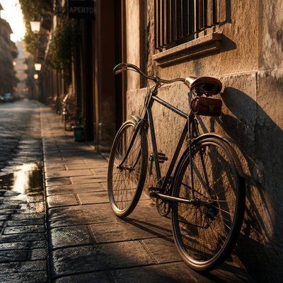 bicyle resting against a wall