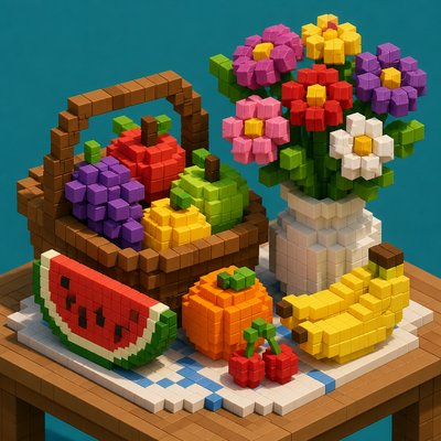 still life arrangement of fruits and flowers