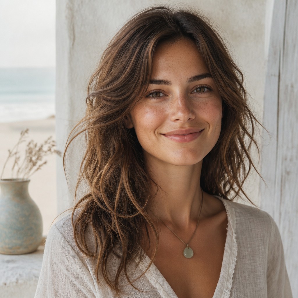 head-and-shoulders portrait of an original character: a young woman with wavy chestnut hair and a warm smile, plain soft backdrop