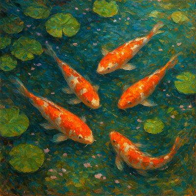 A koi pond seen from above, orange and white koi fish swimming among lily pads, clear water with subtle ripples, fallen cherry blossom petals floating on the surface, dappled sunlight