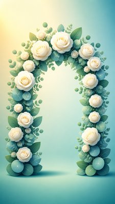 an arch of white roses and eucalyptus in soft morning light, elegant vertical composition with open space, no text