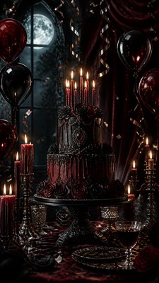 a birthday cake with lit candles surrounded by balloons and confetti, festive vertical composition, no text
