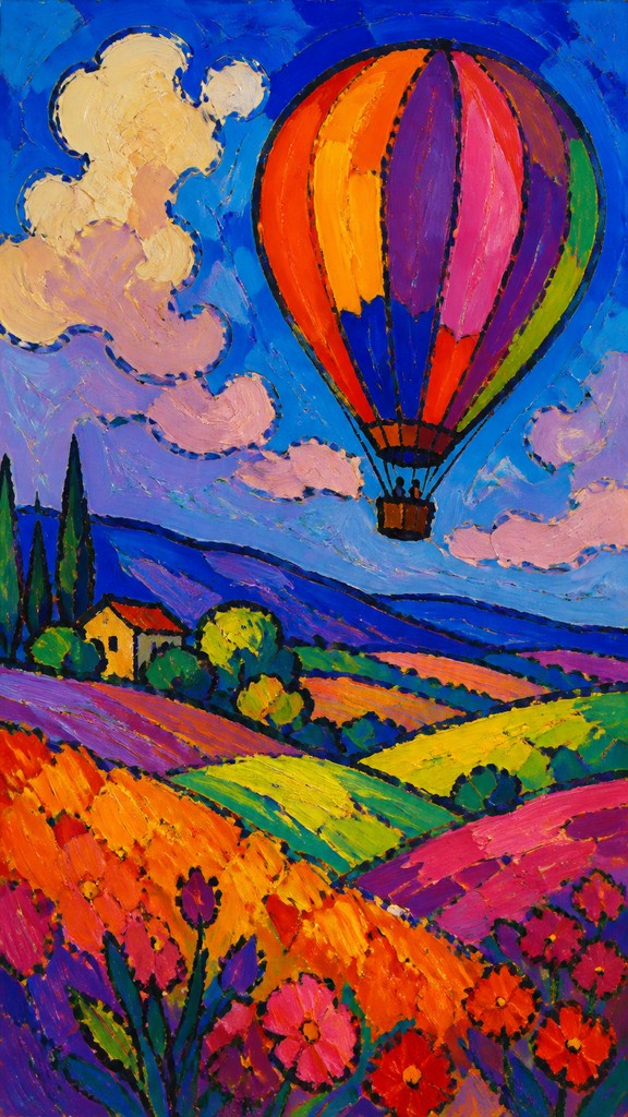 a hot air balloon drifting over rolling flower fields on a sunny day, cheerful, no text