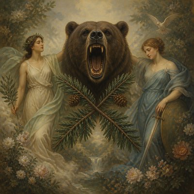 a roaring bear head above crossed pine branches, bold graphic composition on a plain background, no text