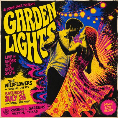 an original couple dancing under string lights in a garden at dusk: a man with short black hair in a linen shirt and a woman with braided red hair in a summer dress