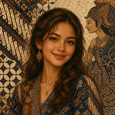 head-and-shoulders portrait of an original character: a young woman with wavy chestnut hair and a warm smile, plain soft backdrop