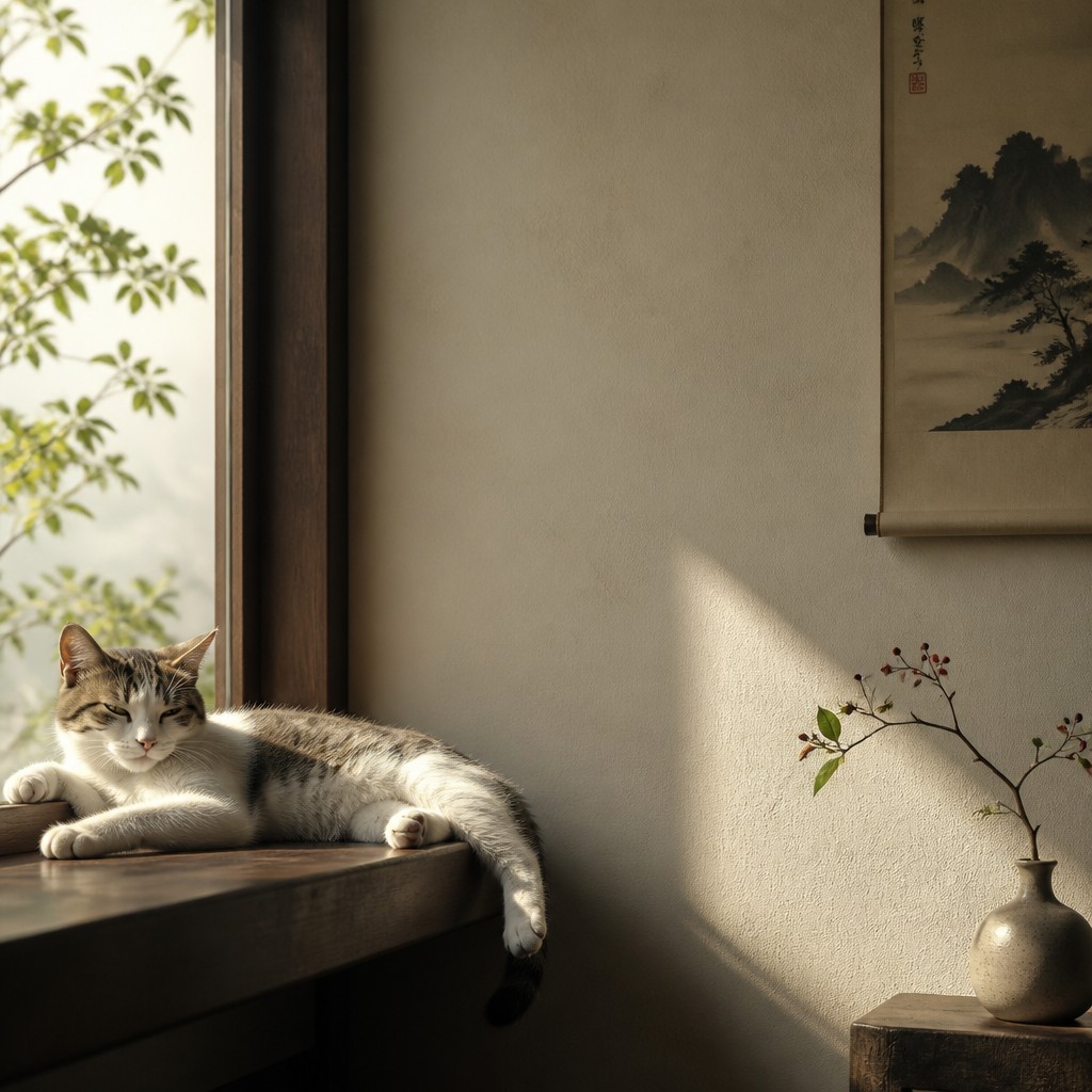 a cat lounging in a sunlit window — Elegant Asymmetry Art Style