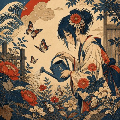 a garden scene with butterflies, flowers and a watering can, clean uncolored line art, no text