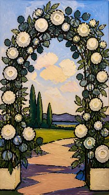 an arch of white roses and eucalyptus in soft morning light, elegant vertical composition with open space, no text