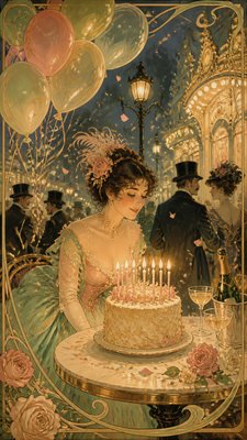 a birthday cake with lit candles surrounded by balloons and confetti, festive vertical composition, no text