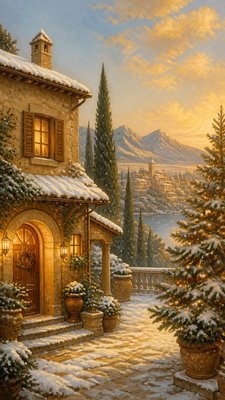 a snow-covered cottage with warm glowing windows beside a decorated pine tree, gentle snowfall, no text