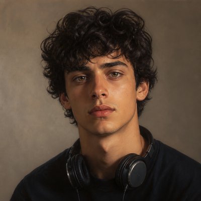 head-and-shoulders portrait of an original character: a young man with curly dark hair and headphones around his neck, plain backdrop, no text