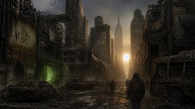 bustling city street panorama at dusk