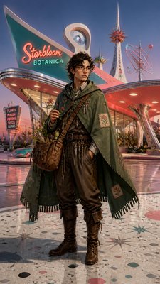 full-body original character: a wandering botanist with a satchel of plants, a patched green cloak, tall boots and round glasses, neutral background